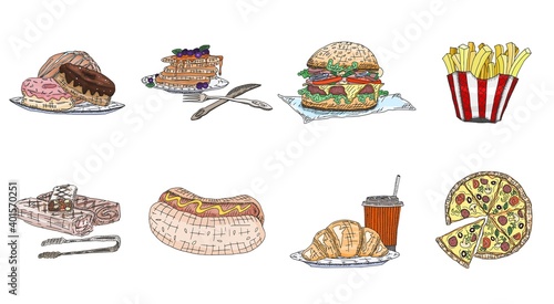 fast food harmful street home. vector doodle new