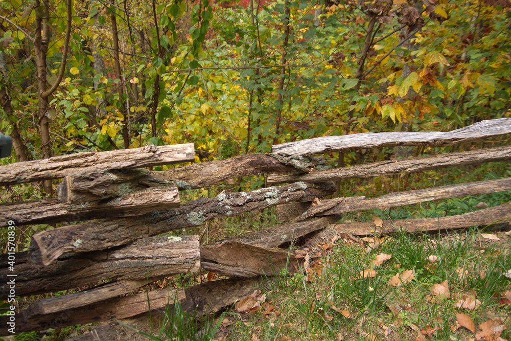 Rough Split Rail Fence ZigZags Along the Top of Forest Hill in Autumn Rough Split Rail Fence ZigZags Along the Top of Forest Hill in Autumn