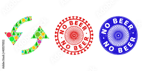 Refresh composition of Christmas symbols, such as stars, fir-trees, bright spheres, and NO BEER dirty stamp seals. Vector NO BEER seals uses guilloche pattern, designed in red and blue variants.