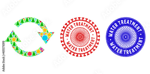 Refresh composition of Christmas symbols, such as stars, fir trees, color balls, and WATER TREATMENT rubber watermarks. Vector WATER TREATMENT watermarks uses guilloche pattern,