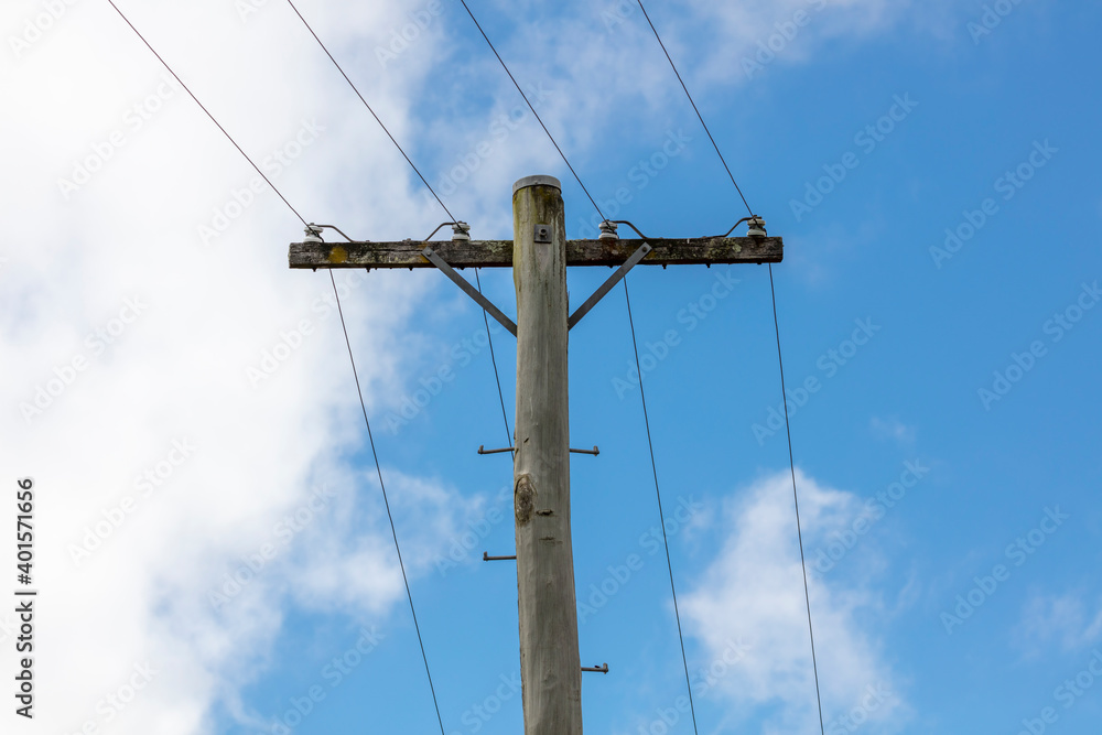 A wooden telephone pole with wires and terminal connectors A wooden telephone pole with wires and terminal connectors