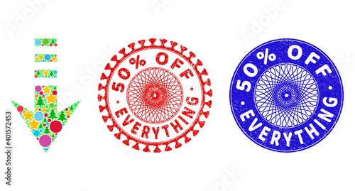 Send down composition of New Year symbols, such as stars, fir-trees, bright round items, and 50% OFF EVERYTHING scratched stamp imitations.