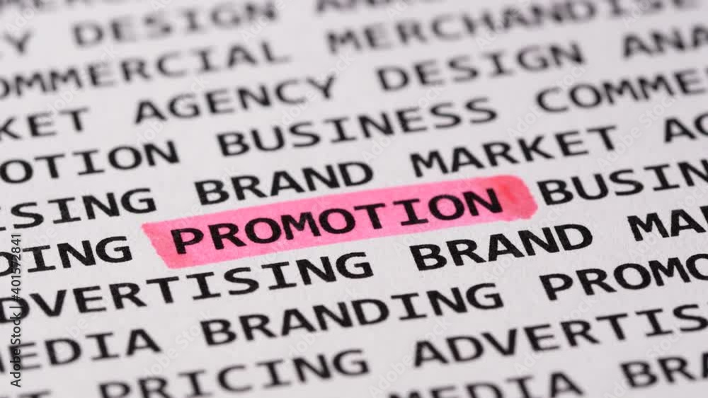 Word Promotion highlighted with a pink marker. Highlighter among different Promotion association terms Word Promotion highlighted with a pink marker. Highlighter among different Promotion association terms