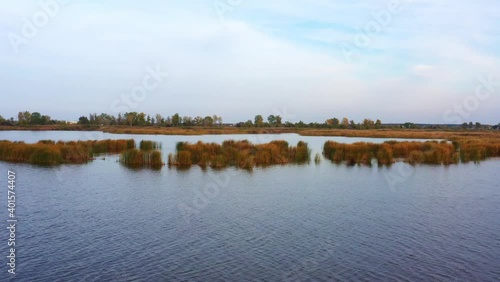 Beautiful Samarskie Plavni bird's-eye view in bright evening warm light in Ukraine. Aerial UHD 4K drone realtime video, shot in 10bit HLG and colorized