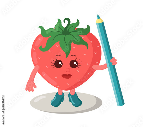 Funny smiling cute kawaii strawberry with high heels holding a pencil. Colored isolated vector illustration in flat design with shadows	