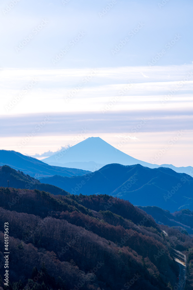 遠地から霞んで見える富士山