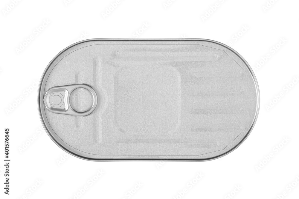 Tin can for new design with text, template, top view of fish canned in silver oval container closeup, isolated on white background Tin can for new design with text, template, top view of fish canned in silver oval container closeup, isolated on white background