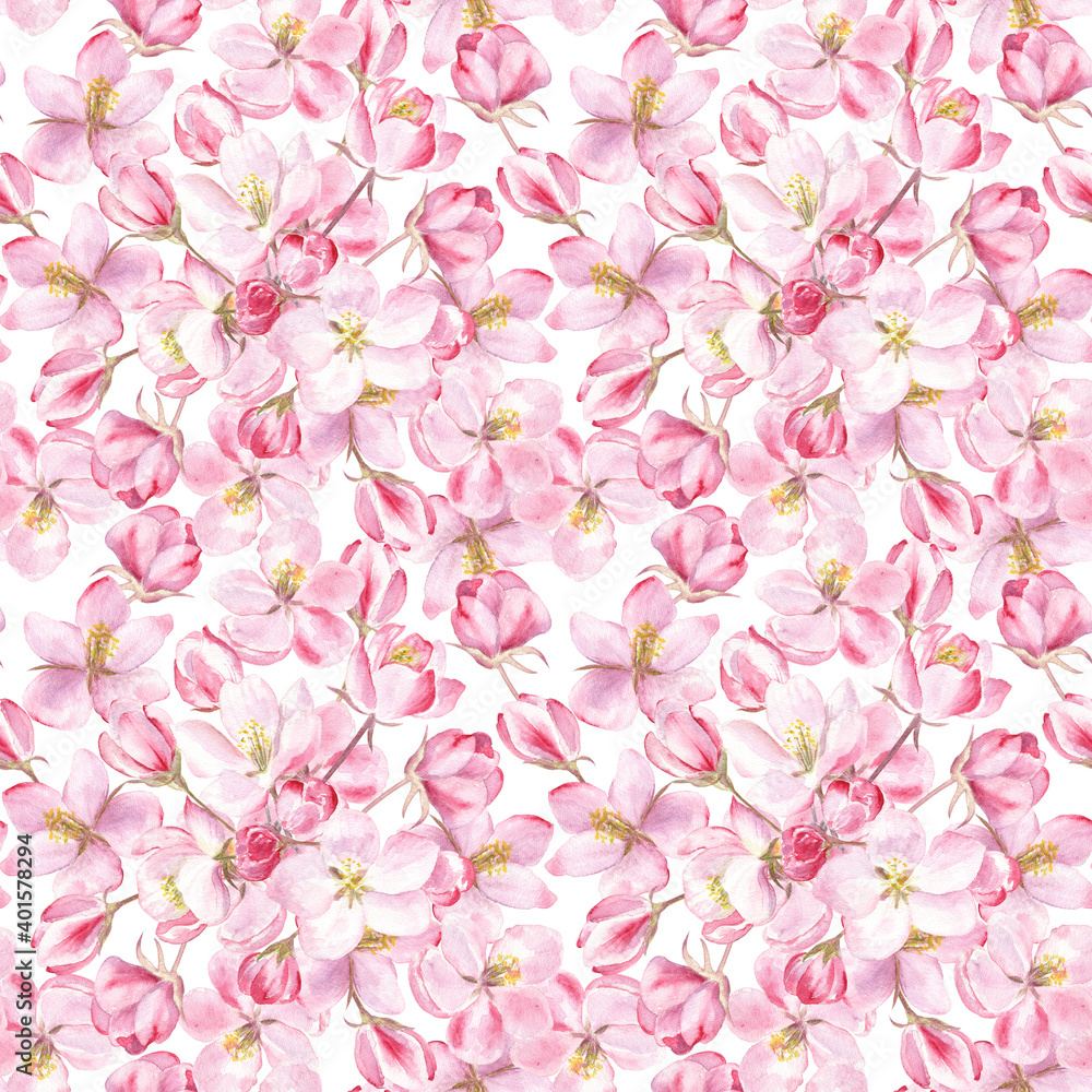 Seamless pattern with intense floral ornament of apple blossom. Watercolor hand-drawn elements. 