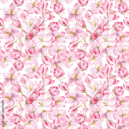 Seamless pattern with intense floral ornament of apple blossom. Watercolor hand-drawn elements. 