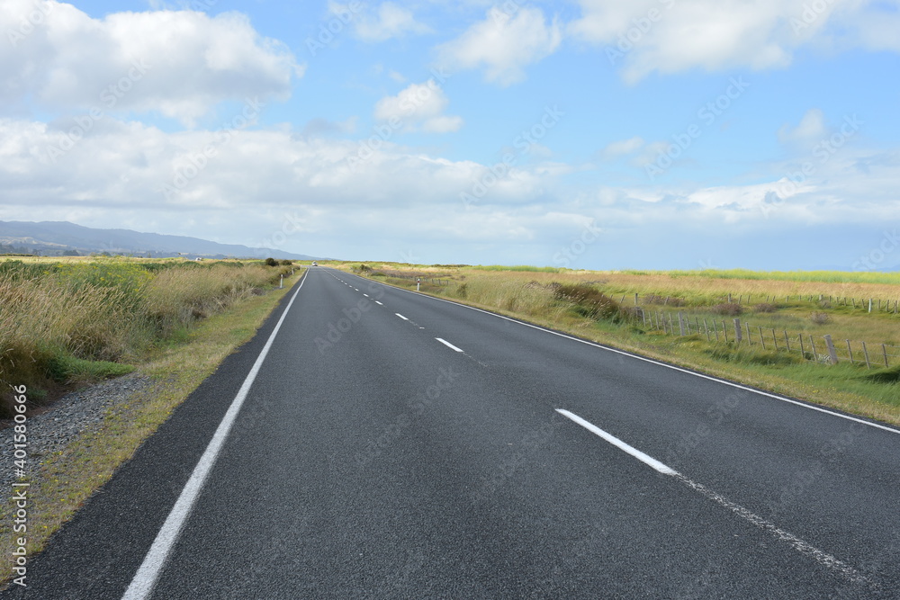 View of straight asphalt road in Hauraki Plains