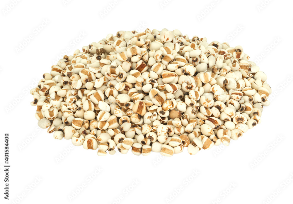 white Job's tears, Adlay millet or pearl millet isolated on white background. raw food for health concept. white Job's tears, Adlay millet or pearl millet isolated on white background. raw food for health concept.