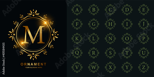 Collection initial alphabet with luxury ornament or floral frame golden logo template.