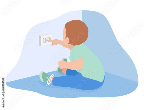 The kid left alone sits on the floor and touches the socket with his fingers. Accident prevention, safety concept