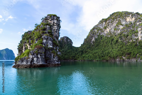 Rocks green trees Ha Long Bay, Vietnam