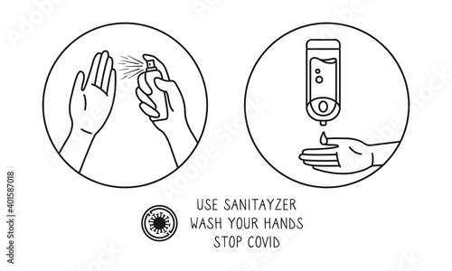 Icon black line disinfection from virus. Hand sanitizer wall or spray. Hand washing, disinfection sanitary hygiene infographic. Antiseptic cartoon collection. Healthcare isolated vector illustration