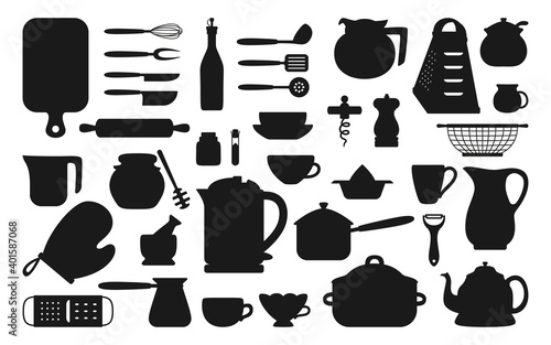 Kitchen tool black silhouette set. Modern cooking baking cartoon dishes, equipments. Dishes cup, tack teapot grater pan. Flat kitchen utensils collection objects. Food preparation. Vector illustration