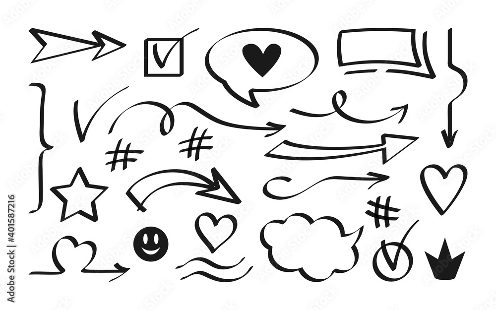 Obraz premium Arrow and speech bubble hand drawn black icon set. Sign collection cross, check mark, interrogative and exclamation design element. Business shapes objects vector illustration