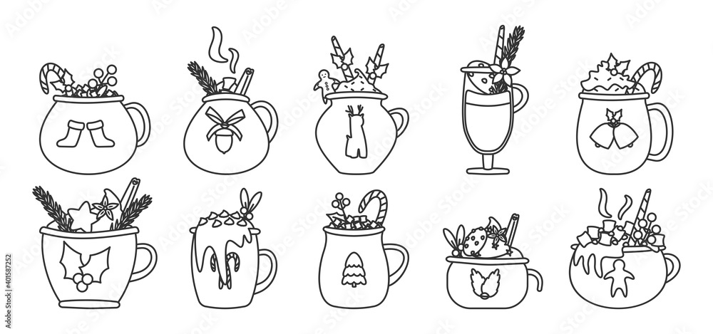 Christmas mug drink outline set. Holiday cocoa with marshmallows, cup hot chocolate or winter coffee. Vintage New Year collection of different template cup with candy cane Isolated vector illustration