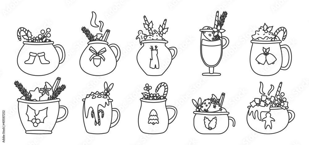 Christmas mug drink outline set. Holiday cocoa with marshmallows, cup hot chocolate or winter coffee. Vintage New Year collection of different template cup with candy cane Isolated vector illustration Christmas mug drink outline set. Holiday cocoa with marshmallows, cup hot chocolate or winter coffee. Vintage New Year collection of different template cup with candy cane Isolated vector illustration
