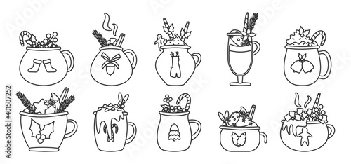 Christmas mug drink outline set. Holiday cocoa with marshmallows, cup hot chocolate or winter coffee. Vintage New Year collection of different template cup with candy cane Isolated vector illustration