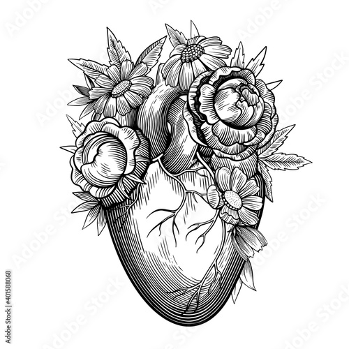 Vintage illustration of heart with flowers in tattoo engraving style. Black and white vector drawing.