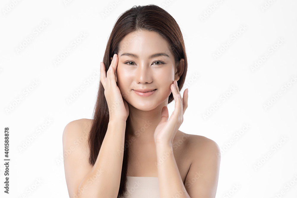 Beautiful Young asian Woman with Clean Fresh Skin, on Pink background, Face care, Facial treatment. Cosmetology, beauty and spa. Asian women portrait Beautiful Young asian Woman with Clean Fresh Skin, on Pink background, Face care, Facial treatment. Cosmetology, beauty and spa. Asian women portrait
