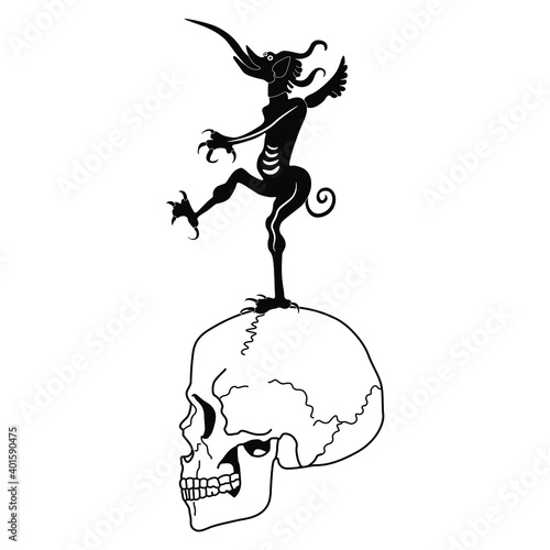 Devil or demon standing on human skull. Creative concept. Black and white silhouette.