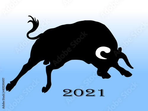 black silhouette of a running bull on an blue background for stickers and decoration	