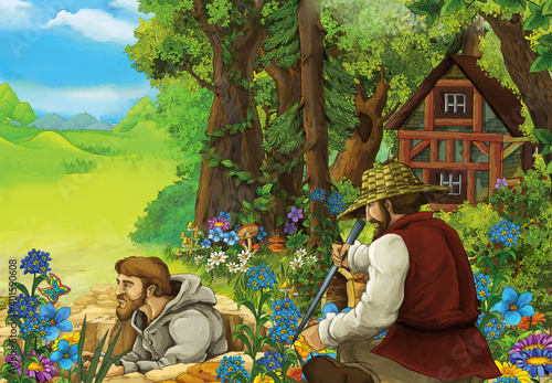 cartoon scene with farmer in the forest near the wooden farm