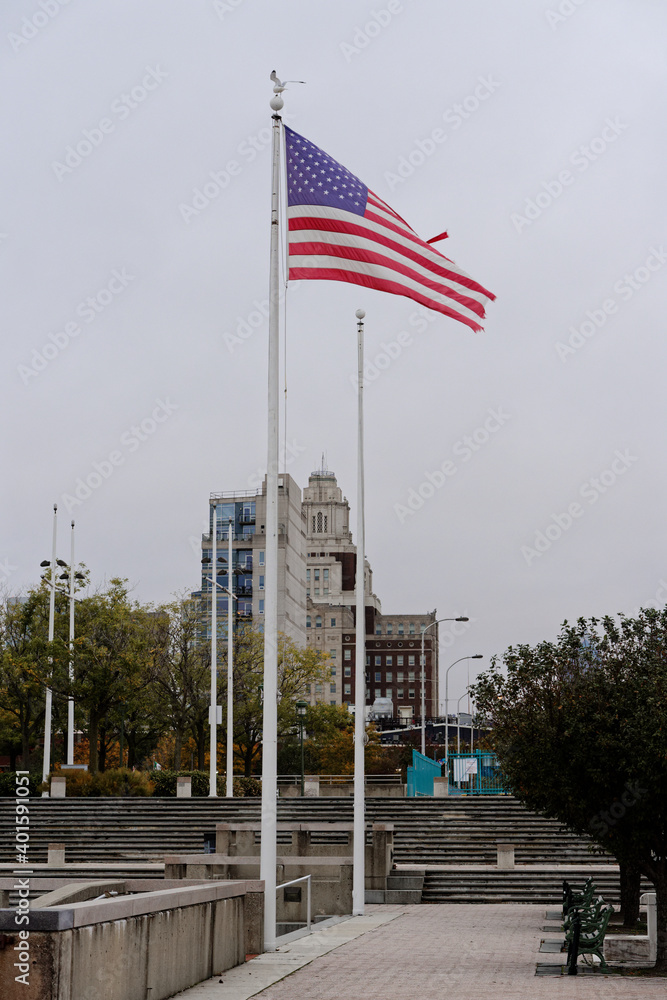 american flag in the city