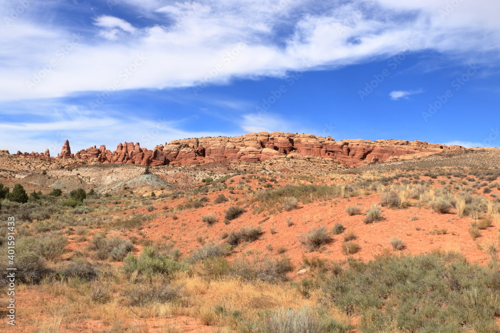 Desert Landscape and sandstone formations at Arches National Park