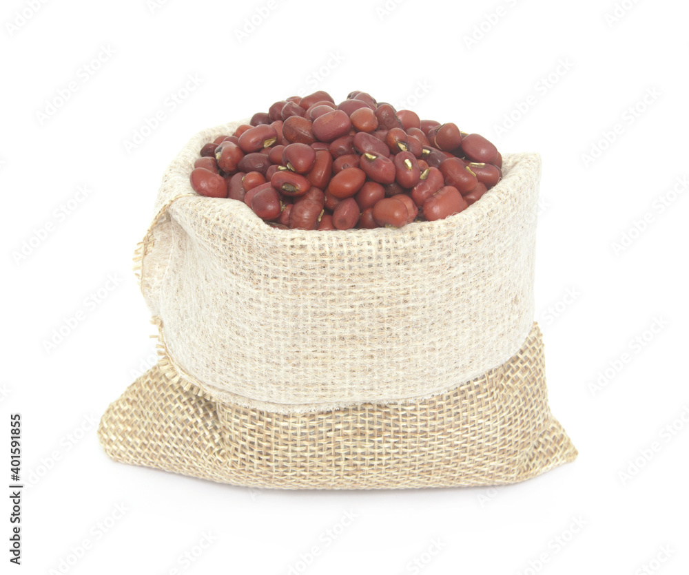 Azuki red beans in burlap sack isolated on white background Azuki red beans in burlap sack isolated on white background