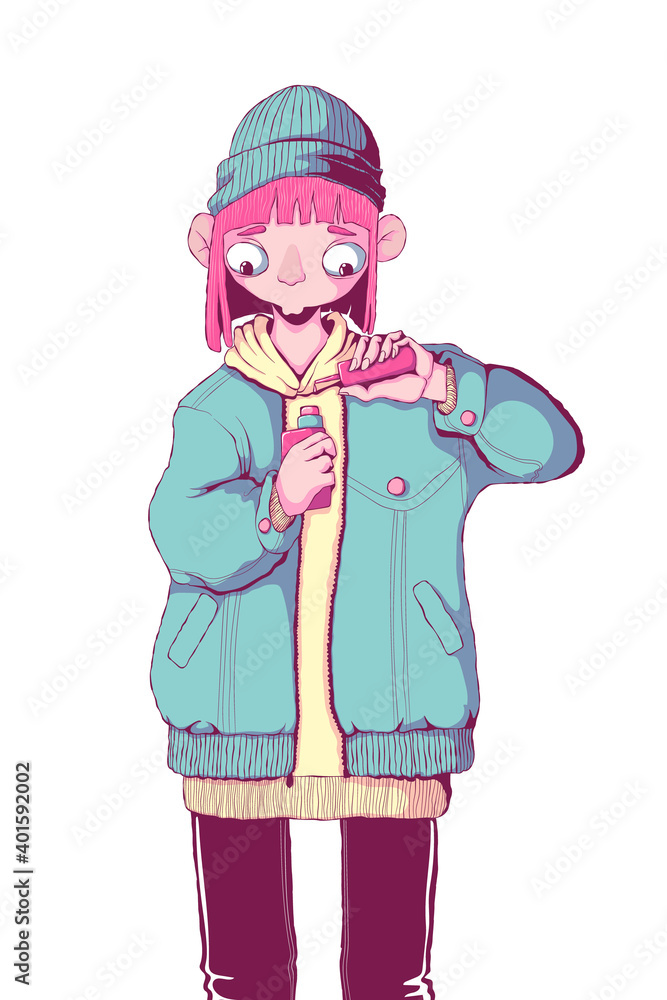 Teenager girl vaper stand and pours liquid into the vape mod. Vaper woman. Alternative to smoking. Quit smoking. Healthy lifestyle. Vector illustration in colorful cartoon style. Isolated on white Teenager girl vaper stand and pours liquid into the vape mod. Vaper woman. Alternative to smoking. Quit smoking. Healthy lifestyle. Vector illustration in colorful cartoon style. Isolated on white