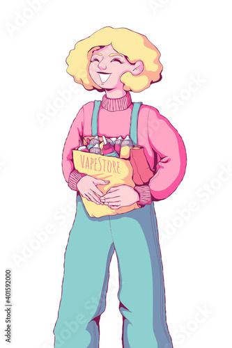 Happy teen girl with vape e-liquid pack. A good buy. Cute young woman vaper. Alternative to smoking. Healthy lifestyle. Quit smoking. Vape store. Vector illustration in cartoon style. Isolated  