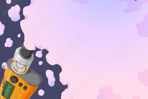 Vape mod with Rebuildable Dripping Tank Atomizer and cloud of vapor. Background with E-cigarette art and place for text. Vector illustration in cartoons style. Horizontal banner .
