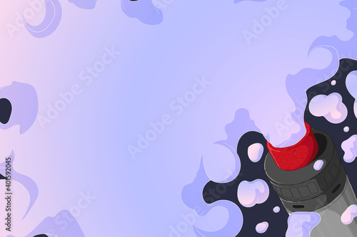 Vape mech mod with rebuildable dripping atomizer  and cloud of vapor. Background with E-cigarette art and place for text. Colorful Vector illustration in cartoons style. Horizontal banner