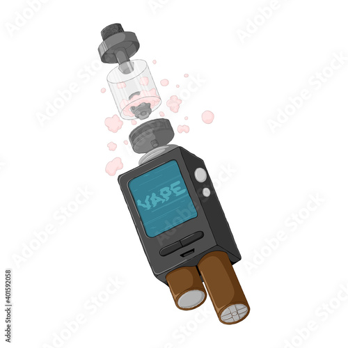 Vape mod kit construction with rebuildable dripping tank atomizer. E-cigarette concept. Electronic cigarette scheme. Colorful Vector illustration in cartoons style. Isolated on white background.