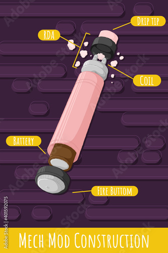 Mech mod vape construction with rebuildable dripping tank atomizer. E-cigarette concept. Electronic cigarette scheme. Colorful Vector illustration in cartoons style. Poster concept.