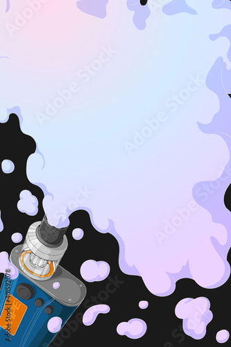 Vape mod with Rebuildable Dripping Tank Atomizer and cloud of vapor. Background with E-cigarette art and place for text. Vector illustration in cartoons style. Vertical banner with trendy vaping art.