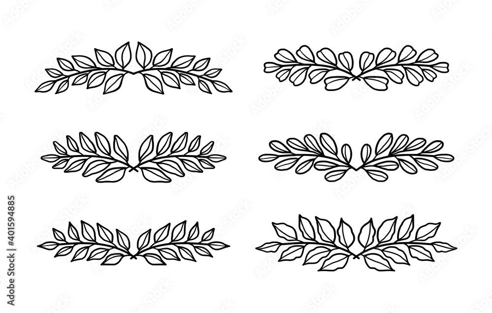 Set of hand drawn natural & botanical leaf wreath and laurel elements