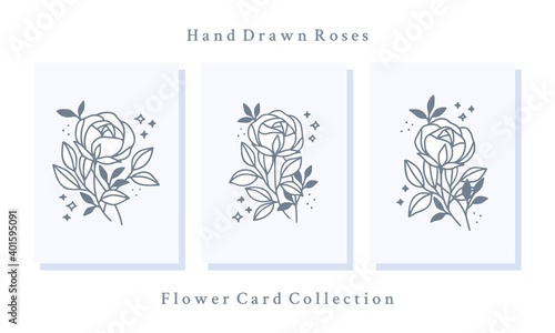Hand drawn valentine card collection with rose flower elements