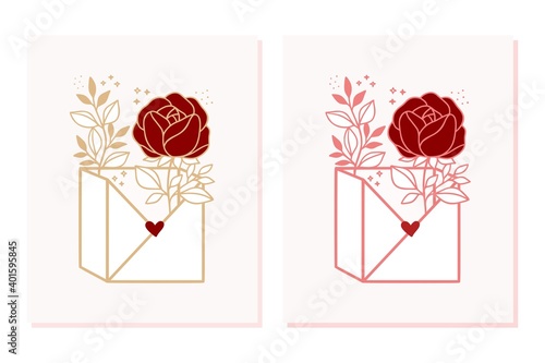 Valentine's day card template set with rose flower, leaf branch, heart, and envelope elements