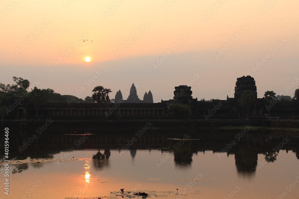 Cambodia. Angkor Wat temple. Sunrise. The Hindu temple was built at the beginning of the 12th century, during the reign of Suryavarman II. Siem Reap city. Siem Reap province.