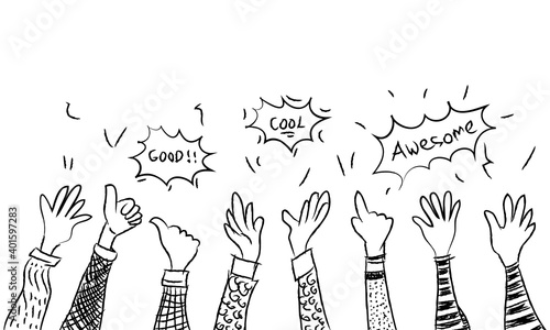 hand drawn of doodle hands up. hands applause, thumbs up and with speech bubble "good, cool, awesome". vector illustration