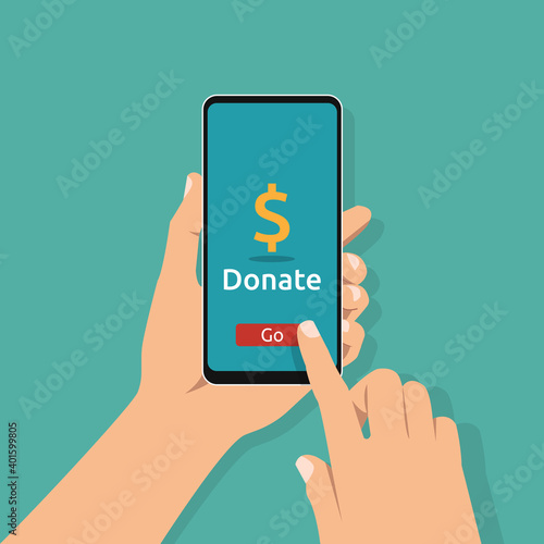 Hand holding smartphone with online donation symbol on screen. Charity and good deed vector illustration