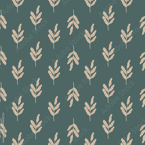 Abstract nature seamless pattern with simple light leaf branches silhouettes. Pale blue background.