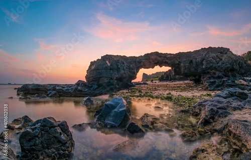 Beautiful sunrise landscape of To Vo gate ( The stone gate arch) on Ly Son Island, Quang Ngai Province, Vietnam