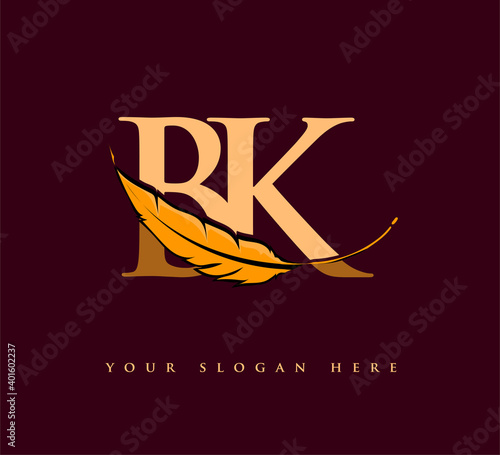 Initial letter BK logo with Feather Company Name, Simple and Clean Design. Vector Logo for Business and Company