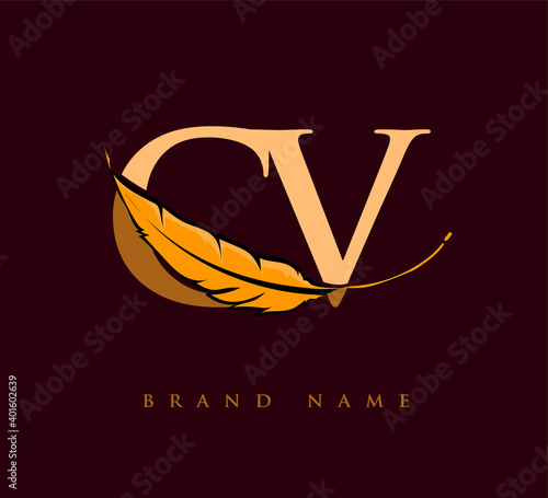 Initial letter CV logo with Feather Company Name, Simple and Clean Design. Vector Logo for Business and Company