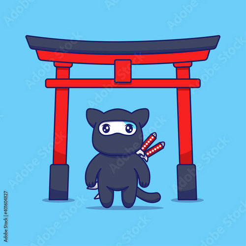Cute cat with ninja costume in front of torii gate